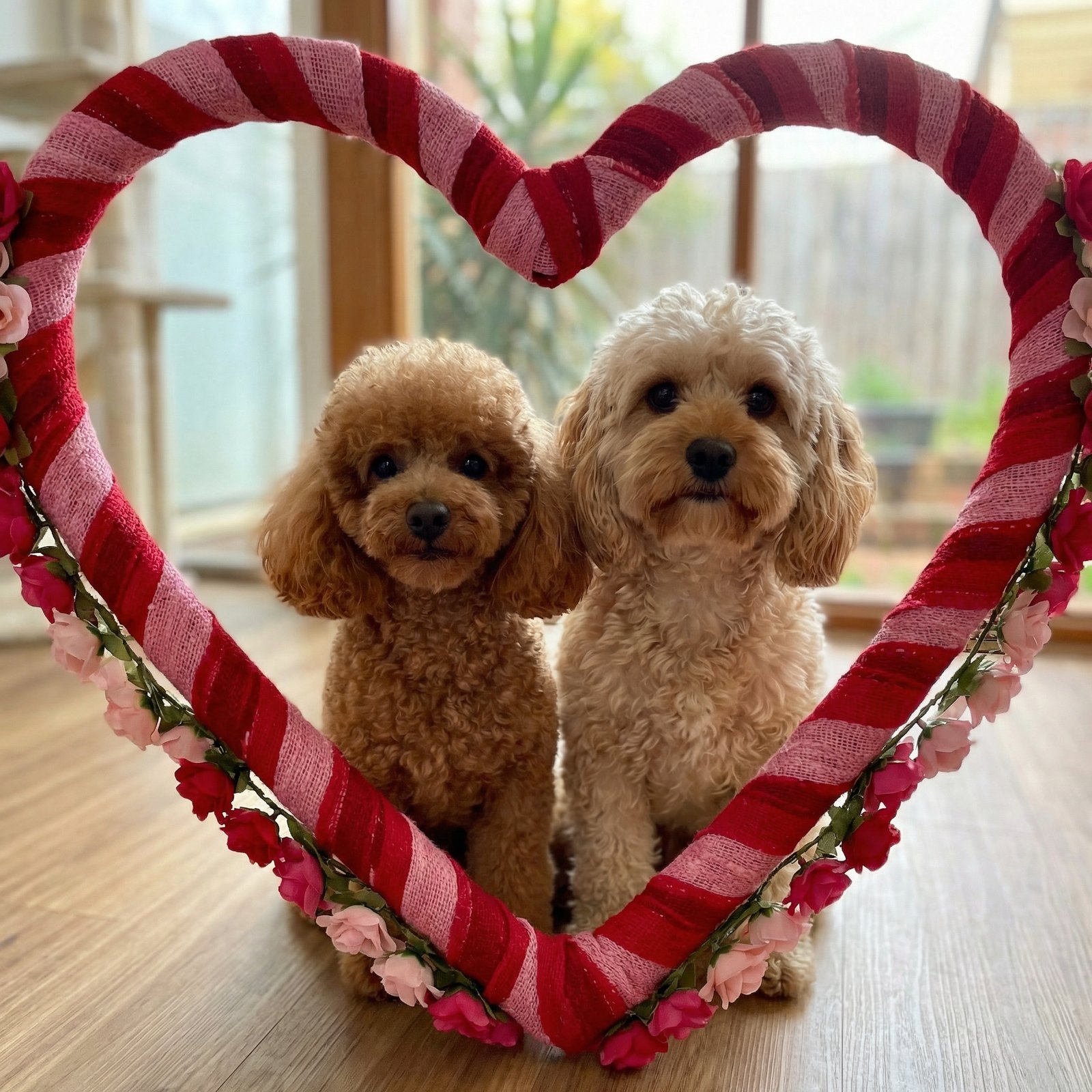 Milo and Rosie, the parents, sitting together inside a heart-shaped floral frame